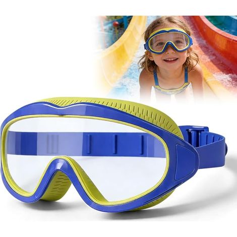 Lot de 2 Lunettes de Natation Enfant Bloc de Couleur Bleu-Jaune, Grand Verre à Grande Vue, Étanches Anti-Brume et Protection UV pour Cours de Natation, Piscine et Parc Aquatique (1/4)