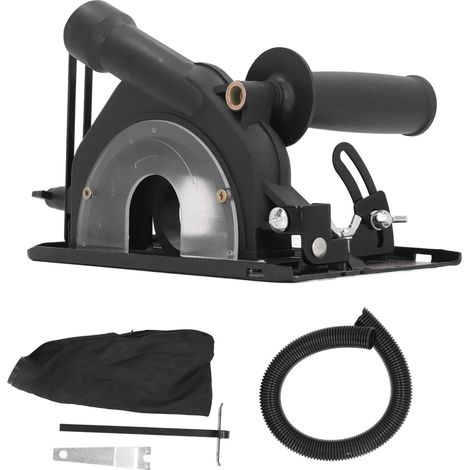 Protector ajustable para amoladoras angulares (0–45°) – Compatible con amoladoras angulares de 100–125 mm, incluye guía y bolsa para polvo – Material: Hierro/ABS – Profundidad de corte: 40 mm (1/5)