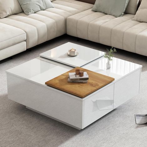 Table basse carrée moderne en bois blanc brillant avec une étagère mesurant 75 x 75 x 33,5 cm, petit plateau coulissant, capacité de charge maximale 30 kg. (1/5)
