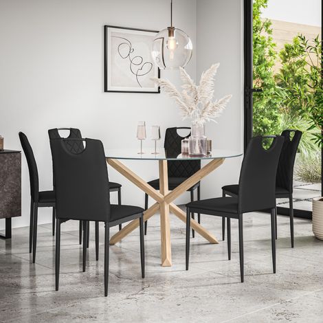 Malvern Round Dining Table And Chairs - Clear Glass Table Top w Solid Oak Legs + Monza Faux Leather Dining Chair Set Of 6 (Black) (1/5)