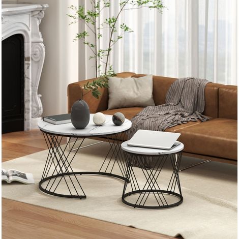Set di 2 tavolini bassi rotondi effetto marmo, legno e metallo, impilabili, bianchi, OKWISH (1/5)