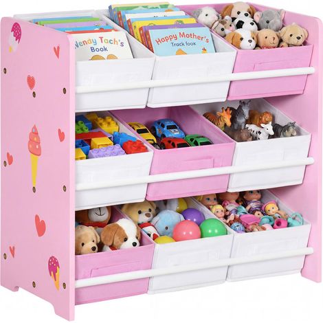 Rangement Facile Meuble Rangement Jouets 9 Bacs Amovibles Tissu MDF 63x30x60 cm pour Chambre d'Enfant Rose Blanc (1/5)