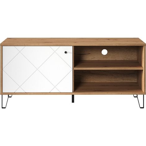 Meuble TV 1 porte 2 niches décor chêne et blanc mat - ARI (1/5)
