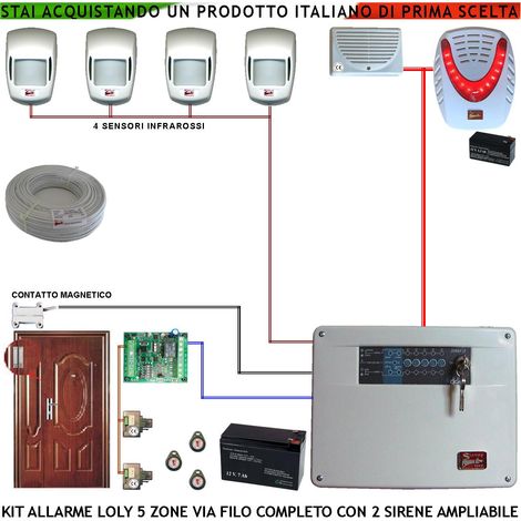 Kit Impianto Antifurto Loly Centrale 5 Zone 4 Sensori di Movimento Infrarossi Contatto Magnetico Sirena Interna ed Esterna Lampegggiante Chiave Digitale Proxi 3 Trasponder 2 Lettori Cavo 2+4 100 MT (1/4)