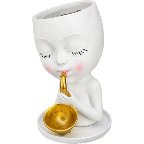 Escultura decorativa moderna de saxofón blanco de resina en una maceta. (1/5)