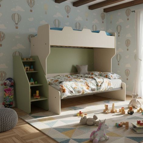 Letto a castello 3 posti con terzo letto estraibile e scaletta contenitore - Una piazza e mezza - Ecru e Salvia (1/5)