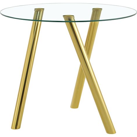 Table de salle à manger ronde 89 cm en verre trempé avec pieds métalliques dorés robustes (1/5)