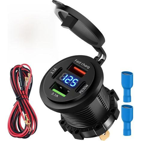 Kfz-Ladegerät mit 4 USB-Anschlüssen, Dual PD 30 W, Dual QC 3,1 A, LED-Voltmeter, für Motorrad, Boot, LKW (1/5)