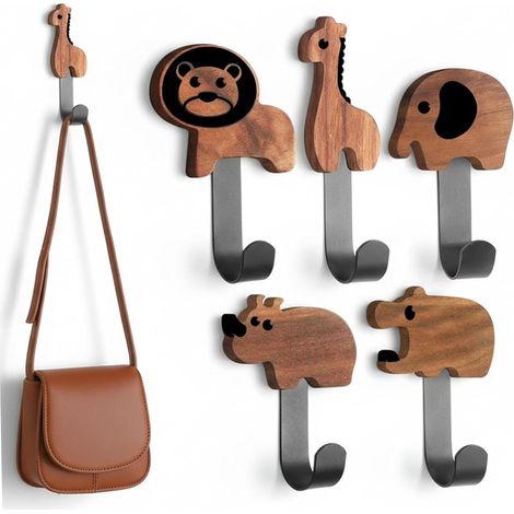 Patères murales animaux, lot de 5 en bois mignonnes pour chambre (1/5)
