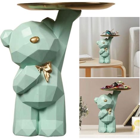 Plateau Clé Entrée Ours en Résine, Organisateur Porte Clé, Rangement Bijoux, Statue Décorative B-vert Clair (1/5)