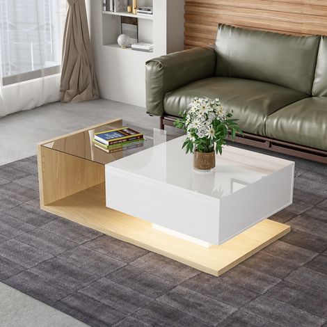 Table basse 105 x 55 x 32,5 cm, plateau en verre et éclairage LED, blanc et bois HAVRYA (1/5)