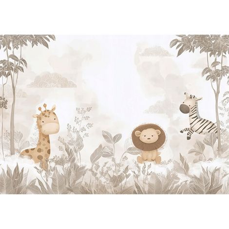 Papier peint mural animaux jungle forêt beige enfant intissé grand format design intérieur chambre enfant pas cher 150x105 cm (1/5)