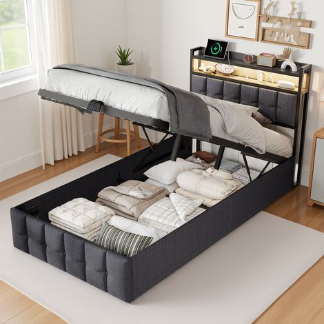 Polsterbett 90 x 200 cm mit LED-Beleuchtung und USB, Doppelbett mit hydraulisch und Stauraum, modern Jugendbett mit Kopfteil und Lattenrost, Leinen Grau, Ohne Matratze (1/5)