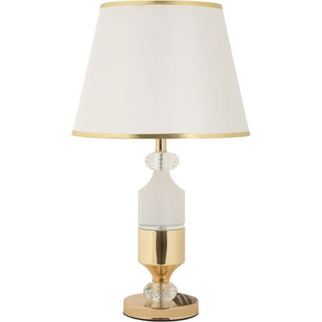 Lampada da tavolo Gipsy in ferro dorato con paralume in tessuto bianco
