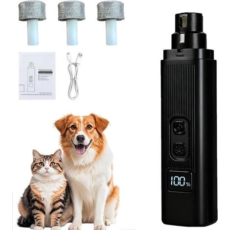 Lima de uñas silenciosa para mascotas, Lima de uñas de 3 cabezales, Ultrasuave y sin vibraciones, Apta para todas las razas y edades (Negro) (1/5)