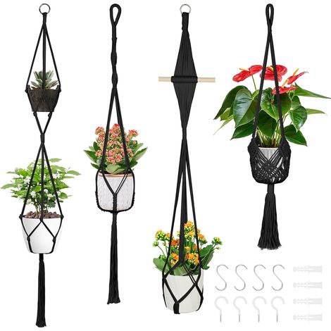 4PCS Macramé Support Pots pour Fleur, Suspension Plante Macramé Corde de Coton Porte Décoration du Jardin Intérieur ave 4Crochets Suspendu (Noir) (1/5)