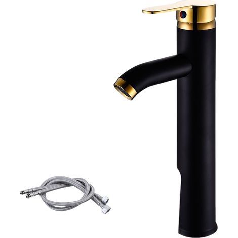 Robinet mitigeur eau chaude et eau froide, robinet de lavabo à levier unique (couleur : noir or version haute) (1/5)