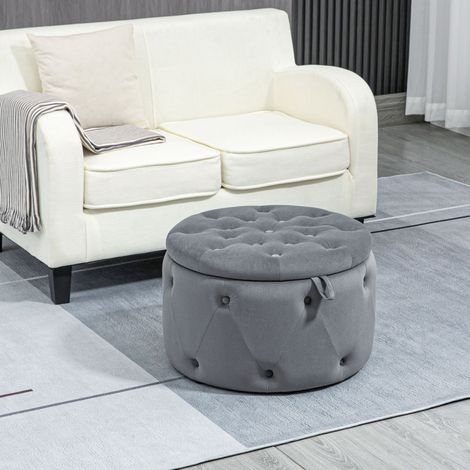 CHICFURN Puff redondo con almacenaje Ø60 x 40 cm de poliéster gris con tapa para salón (1/5)