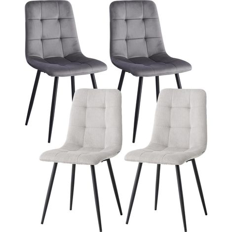 4er-Set Esszimmerstühle Samt & Cord, gepolstert, schwarze Metallbeine, Grau/Hellgrau (1/5)