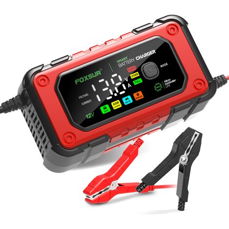 FOXSUR 7A : chargeur pour motos et voitures 12 V avec grand écran couleur, compatible avec les batteries AGM, plomb-acide et lithium-fer (1/5)