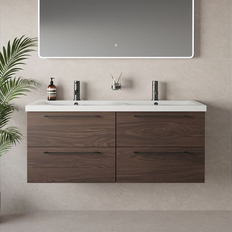 Napoli 390 Brown Oak 1200mm Wall Mounted 4 Drawer Vanity Unit with Double Glide Basins - 1200mm - Gunmetal Grey 320mm Handle