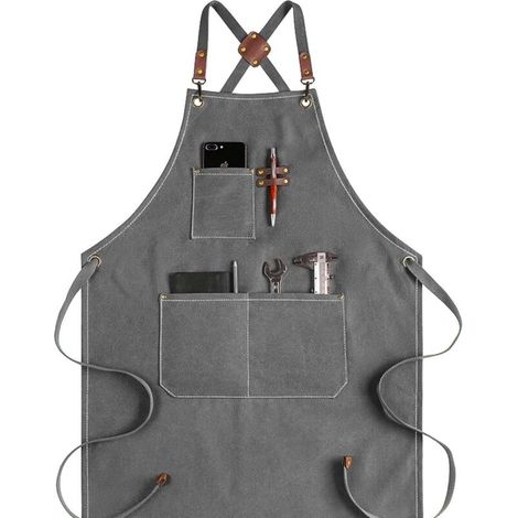 Tablier en toile de coton imperméable – Gris – Version AA améliorée – Pour cuisine et bricolage (1/5)