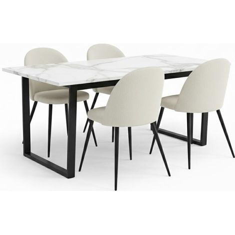 Tilst Essgruppe Esstisch mit weißem Marmordruck und 4 Stühlen Samt beige.