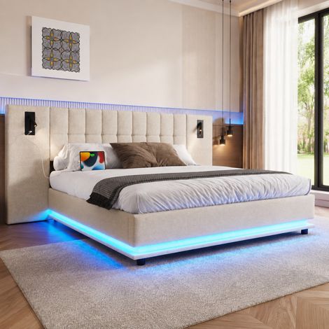 Doppelbett 180x200 cm aus beigem Leinen mit LED und USB, ohne Matratze – MEUBLIV (1/5)