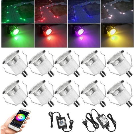 10 focos empotrables exteriores RGB con Wi-Fi, regulables, 1,2 W, compatibles con Alexa y Google Home, 12 V CC, Ø45 mm, IP67, kit de iluminación completo para caminos (1/5)