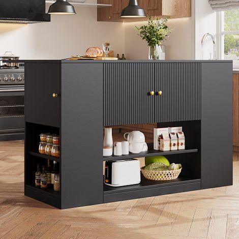 Îlot de cuisine multifonction noir plateau rabattable 140cm MDF tiroirs étagères caisson fermé charge 60kg meuble de rangement cuisine salle à manger style moderne campagnard classique (1/5)