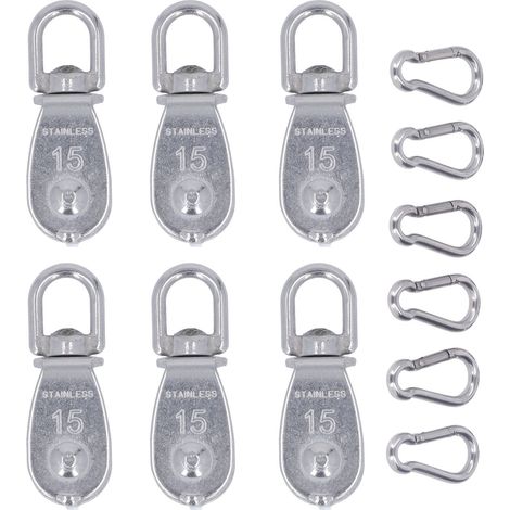 Lot de 6 poulies simples M15 en acier inoxydable antirouille, pivotantes pour corde de levage, résistantes à l'usure, idéales pour la randonnée (1/5)