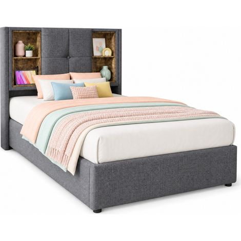 Lit coffre 90x200 cm avec charge sans fil, ports USB et USB-C, tête de lit avec rangements, tissu gris, sommier à lattes en bois, pour chambre adulte – CHICFURN (1/5)