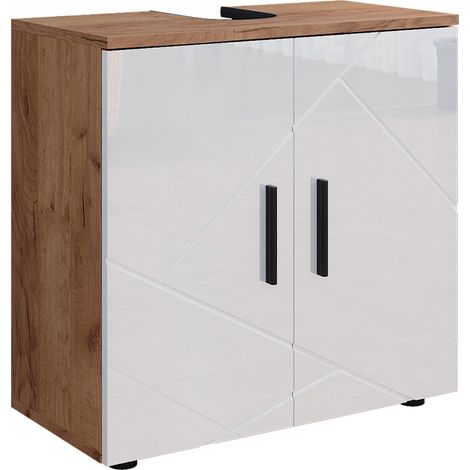 Waschbeckenunterschrank Irma, Weiß Hochglanz/Goldkraft Eiche, 60 x 59 cm, Vicco