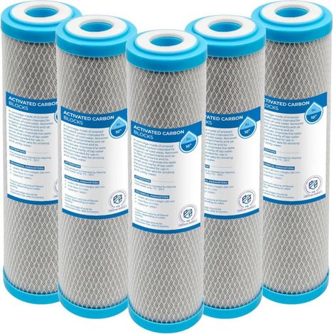 Cartouches filtrantes à bloc de charbon actif 10 pouces – Lot de 5, éliminent le chlore et ses composés, améliorent le goût et l’odeur de l’eau, durée max. 6 mois