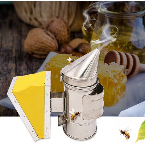 Räucherofen für Bienenstöcke aus Edelstahl mit Heizkammer und gelbem Blasebalg, für Imker.