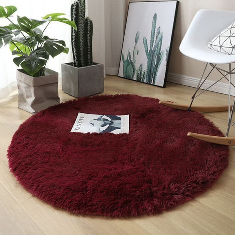 Tapis rond poils longs 120x120cm, shaggy confortable antidérapage, bordeaux (1/4)