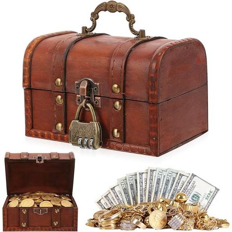 Holzschatzkiste mit Schloss, Vintage Aufbewahrungsbox für Kinder, Dekoration und Schatzsuche (1/5)