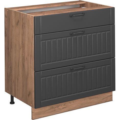 Mobiletto base per cucina Fame-Line, Grigio scuro, 80 cm con 3 cassetti, senza piano di lavoro, Vicco