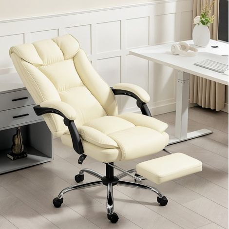 Bürostuhl mit Fußstütze verstellbar Kunstleder Beige OKMYHOME (1/4)