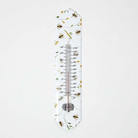 HOMESCAPES Innen- & Außenthermometer weiß mit Bienen-Print