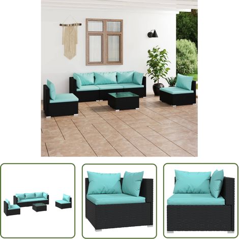 Canapé d'angle - vidaXL Salon de jardin 6 pcs avec coussins Résine tressée Noir - Table basse (1/5)