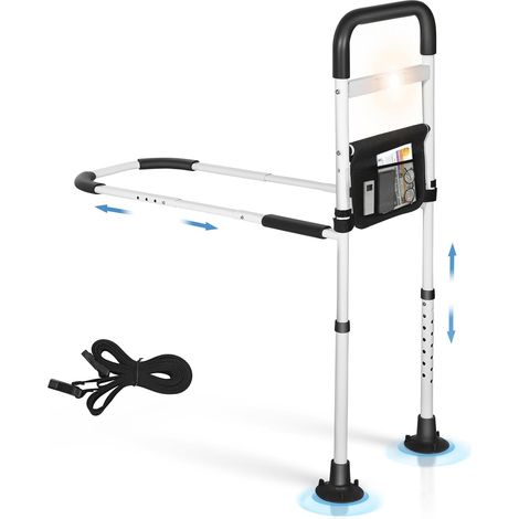 Barrière de lit pour adultes âgés avec lampe, poignée antidérapante réglable, cadre en acier robuste, installation facile, sac de rangement – sécurité et soutien pour les personnes âgées (1/5)