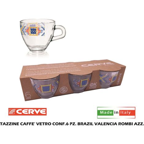 Set 6 Tazzine Tazze Caffe' in Vetro Valencia Rombi Azzurri 80 cc