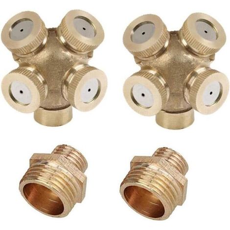 2 Pack 4 trous Buse de pulvérisation en laiton, Brumisateur Buse Jardin arroseurs Raccord de tuyau d'eau connecteur pour jardin