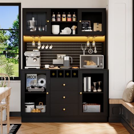 Meuble haut moderne :Meuble de cuisine avec éclairage LED intelligent, meuble haut de salon, buffet avec casier à vin et système anti-basculement, étagères intégrées réglables, noir. (1/5)