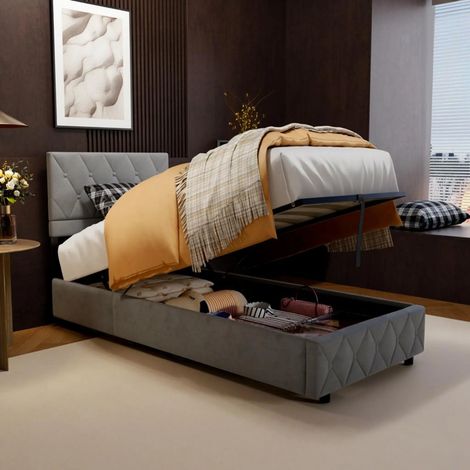 Letto contenitore imbottito 90x200 cm, letto per bambini con rete a doghe e testiera capitonné, velluto, grigio, senza materasso (1/5)