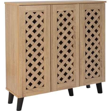 3 Door Shoe Cabinet With Lattice Doors Practical Storage Unit - Sonoma Oak (1/5)