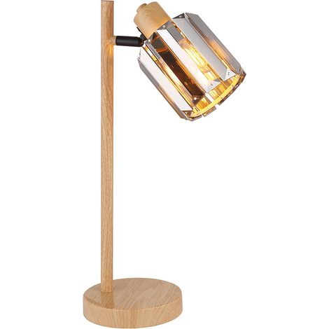 Tischlampe Tischleuchte Nachttischlampe Kristalle Schlafzimmerlampe Holzoptik rauchfarben, 1x E14 Fassung, LxBxH 15x13x40 cm