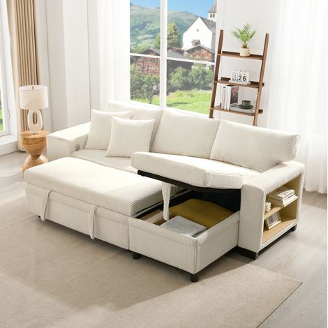 Schlafsofa 231x131.5x84 cm Beige aus Cord mit Bettfunktion, Stauraum, USB-C und Bücherregal (1/5)