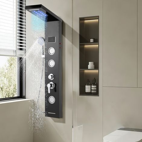 Jiubiaz Duschpaneel 5 in 1 aus 304 Edelstahl Schwarz, Regendusche Wasserfall Massage Handbrause Wannenauslauf mit LED Display, G1/2 Anschluss (1/5)